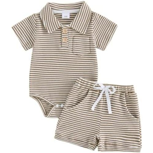 Kavousa Newborn Baby Boy Summer Clothes Short Sleeve Top and Stripe Shorts Set 2 Piece Baby Boy Summer Waffle Outfit