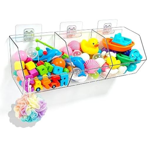 Bath Toy Storage Wall Mount Clear 3‑Compartment Bathtub Organizer Kids
