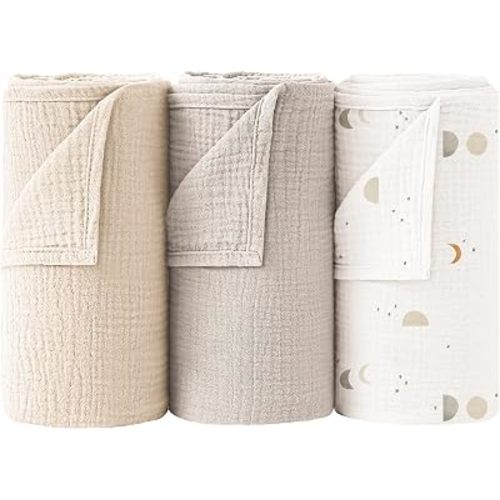Bearmoss Muslin Swaddle Blankets, 40 x 38 inches Baby Swaddle for Boys and Girls, Soft Baby Blankets, 3 Pack Breathable Nursery Receiving Blankets (Grey Moon)