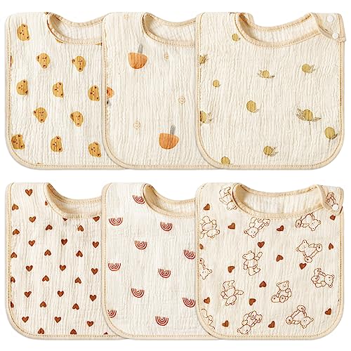 Zainpe 6Pcs Snap Muslin Cotton Baby Bibs Soft & Absorbent Burp Cloths for Newborns Drooling Feeding