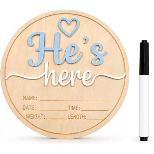 Baby Announcement Sign, Wooden He's here Newborn Signs, 5.9 Inch Birth Announcement Sign, Gender Reveal Signs, He's here Decoration, Welcome Newborn Arrival To World