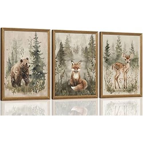 ICHZUMW Woodland Nursery Decor Wall Art Set of 3, Cute Forest Animals Canvas Prints Bear Fox Deer Pictures, Nature Watercolor Paintings for Baby Room Kids Bedroom Playroom, Neutral Artwork, 12x16in