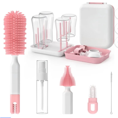 Minikid Juego de Cepillos para Biberones, Kit de Limpieza de Biberones Portátil 9 en 1, Libre de BPA, Esencial Compacto para Bebés en Casa y para Llevar, Rosa