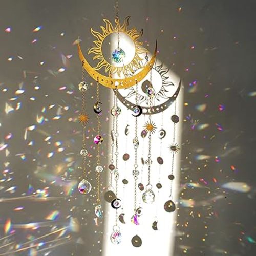 H&D HYALINE & DORA Sun and Moon Suncatcher Crystal Wind Chimes for Hanging Outdoor Indoor Glass Window Hanging Prisms for Garden Backyard Ceiling Room Decor