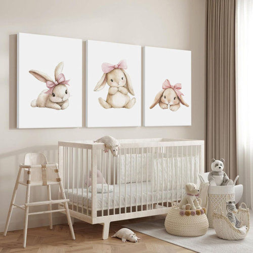 Nursery Bunny Wall Art Decor Baby Room Prints Easter Bunny Canvas Wall Art Decor Pink Baby Nursery Painting Woodland Rabbit Spring Artwork Poster For Bedroom 16X24x3 Inch Wrapped Canvas | Wayfair
