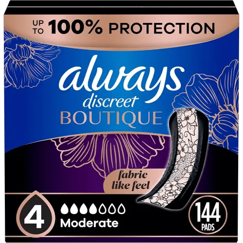 Always Discreet Boutique Incontinence Pads, for Bladder Leaks, Moderate Absorbency, Regular Length, 144 Count (3 Packs of 48)