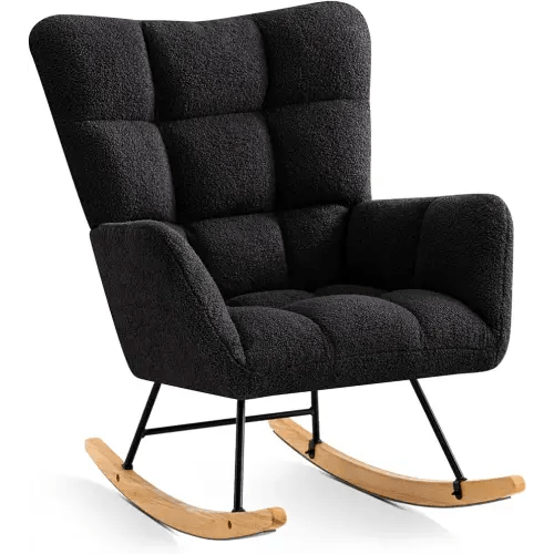 Furniliving Sherpa Rocking Chair Nursery, Comfy Upholstered Glider Rocking Armchair with High Backrest and Suitable Armrest, Rocker Glider Chair Soft Side Chair for Bedroom, Home Office(Black)