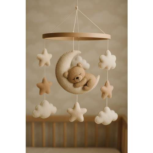 Handmade Teddy Bear and Moon Baby Crib Mobile: Musical Star Cloud Design