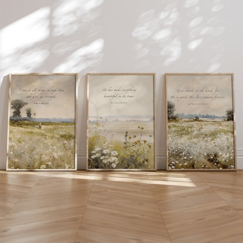 3pcs Vintage Wall Art Posters, Vintage Canvas Prints - Christian Art, Bible And Floral Posters - Landscape Paintings With Inspiring Religious Quotes, Framed Or Unframed, Suitable For Room Decor, Home Decor, College Dorm Apartment Decor, Hotel, Home, Livin