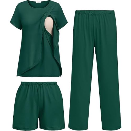 Ekouaer 3 PCS Maternity Nursing Pajamas Set Postpartum Breastfeeding Short Sleeve Shirts, Pregnancy Shorts & Pants Pjs S-XXL