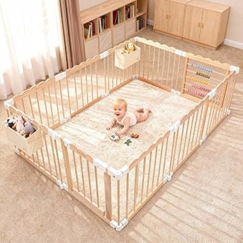 Foldable Wooden Baby Playpen, Adjustable Safety Playpen, 86x57x25in