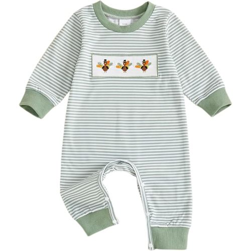 Newborn Baby Boy Thanksgiving Outfit Turkey Embroidery Long Sleeve Romper Jumpsuit Striped Fall Clothes