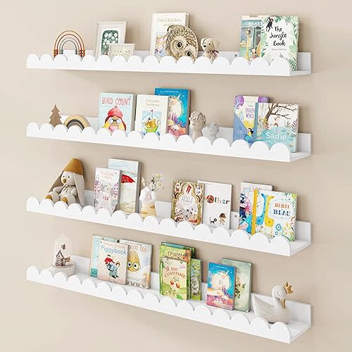 Fun Memories 32 Inch White Floating Shelf, Scalloped Picture Ledge for Nursery, Set of 4, Wall Mounted Book Shelves for Kids Room, Toddler Room