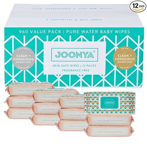 JOONYA Unscented Baby Wipes — Plant-Based, Fragrance-Free Bulk Diaper Wipes | Hypoallergenic, Non-Toxic & Biodegradable Wet Wipes for Sensitive Newborn Skin | 12 Packs of 80 (960 Total)