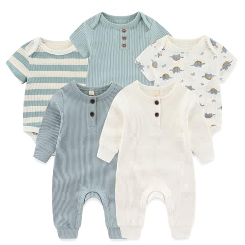 Ruliby Baby Bodysuit Ribbed Romper 5-pcs Soft Unisex Boy Girl Outfit Clothes Set 0-12 momth