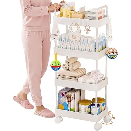 Homde Baby Diaper Caddy Organizer for Nursery: 4-Tier Rolling Lockable Cart - 10-15 Assembly - Holds 45 lb - Sturdy Metal Frame Easy-Clean ABS - Changing Station for New Parents