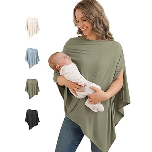 Konssy Rayon Made from Bamboo Nursing Cover for Breastfeeding, Buttery-Soft 360° Full Privacy Nursing Poncho, Breathable Stretchy Breastfeeding Cover, Multi-Use Car Seat Canopy (Army Green)