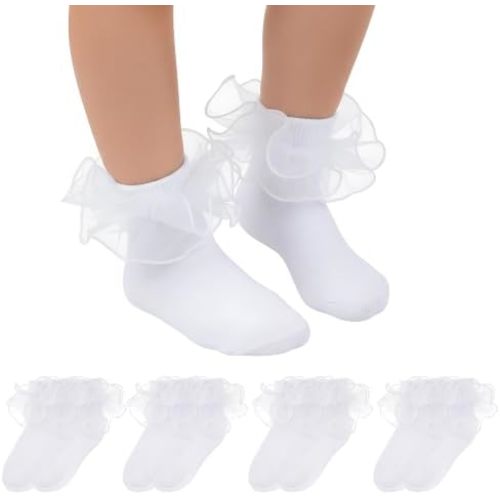 Topbuti 4 Pairs Baby Girls Ruffle Socks Double Lace Frilly Turn Cuff Cotton Dress Socks for Toddler Kids