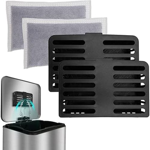 Trash Can Deodorizer Kit Stick-On Activated Carbon Odor Eliminator for Large Trash Cans, Indoor Kitchen Compost bins, Big Step or Touchless Sensor Garbage Cans (2 Black Kits)