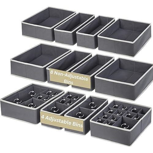 DECOMOMO Drawer Organizer for Baby – Clothes Organizer & Storage Dividers for Nursery, Storage Bins for Underwear, Bra, Socks, Diapers & Newborn Essentials (Grey, 12pcs)