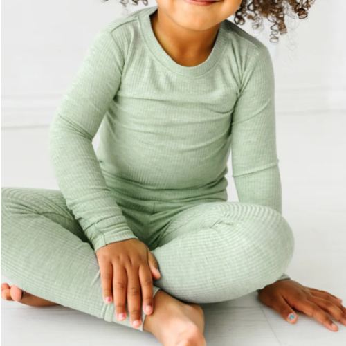 Heather Sage Ribbed Two-Piece Pajama Set - Little Sleepies
