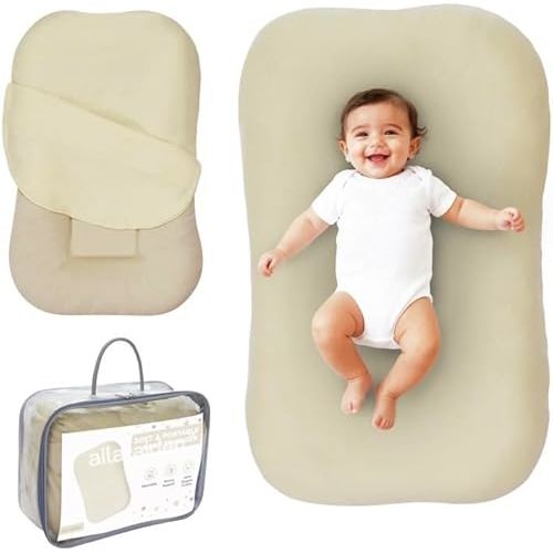 Aila + Aiden Baby Lounger | Organic Cotton Infant Lounger | Adjustable & Portable Floor Lounger |Supervised Use | Soft, Breathable, Washable Cover - Snuggle Collection - (Tan)