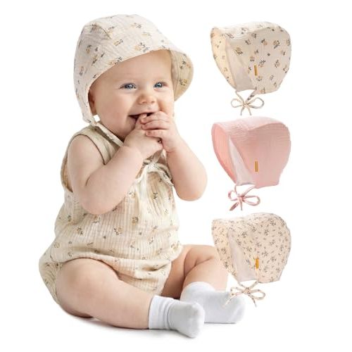 FURTALK Baby Bonnet Muslin Cotton Soft Adjustable Chin Strap for Infant Boys Girls