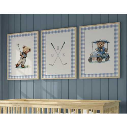 Boy Sports Nursery Golf Art Set of 3 Prints Teddy Bears in Blue Plaid Gingham ∙ 1231