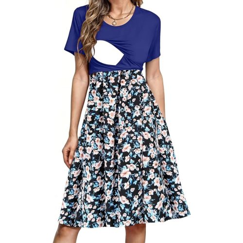 Women's Nursing Dress Summer Short Sleeve Patchwork Pregnancy Clothes with Pockets