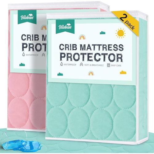 Crib Mattress Protector Sheets Waterproof 2 Pack, Quilted Crib Mattress Pad Cover Fitted Fits for Baby Toddler Bed Mattress, Aqua & Pink, 52” x 28”