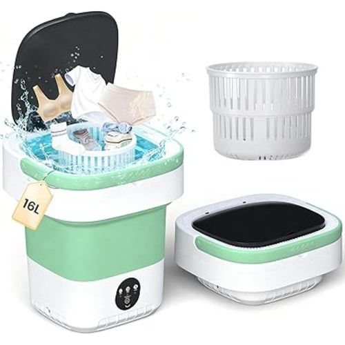 Portable Washing Machine - 16L Mini Foldable Washer with Spin Basket, 3 Cleaning Modes & Deep Cleaning for Small Clothes, Collapsible Laundry for Apartment, Home, Hotel and Travel (Green)