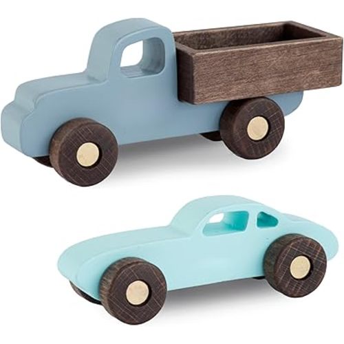 BUSY PUZZLE Colorful Wooden Toy Cars Set 2-Pack Truck and Car Durable Wooden Vehicles for Kids Montessori-Inspired Gift for Toddlers