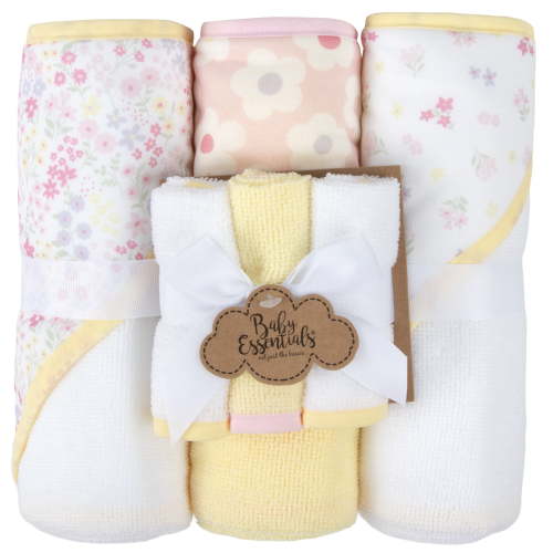 Baby Essentials 6 Piece Hooded Bath Towel Washcloth Set for Infant, Newborns, Toddlers 3 – 24 Months for Bath Time, Showers, Lounge, Beach, Pool in Daisy Flowers