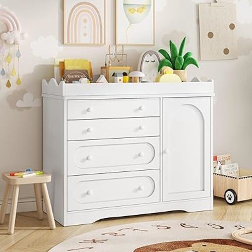 Vabches White Baby Dresser with Changing Table Top, Kids Chest of Drawers with 4 Drawers and 1 Large Cabinet for Nursery and Kids Bedroom, Modern
