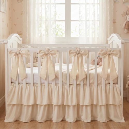 Beige Crib Bed Skirts with 4 Large Cot Bow 28" x 52" Baby Crib Skirt for Boys Girls Nursery Toddler Bed Skirt Dust Ruffle 14" Drop (Double Layer)