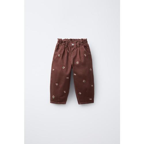 EMBROIDERED FLORAL TWILL BALLOON PANTS - Maroon | ZARA United States