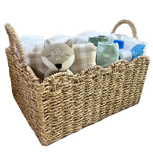 Vivika Wicker Diaper Caddy Organizer - Handmade Diaper Basket for Changing Table Organizer, Cute Woven Scalloped Basket in Premium Seagrass with Dividers and Handles, Baby Dresser Storage for Nursery