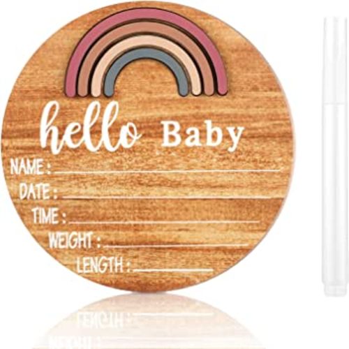 Wooden Baby Birth Announcement Sign Rainbow Baby Name Sign with Marker Pen Baby Arrival Sign Welcome Newborn Sign for Hospital Photo Prop Baby Shower Nursery Gift