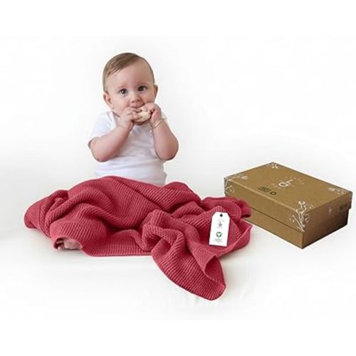 100% Organic Cotton Baby Knitted Blanket with Gift Box - Soft Toddler, Crib, Stroller Blanket - Neutral Swaddle and Receiving Blanket for Newborns, 30"x40", Amberglow