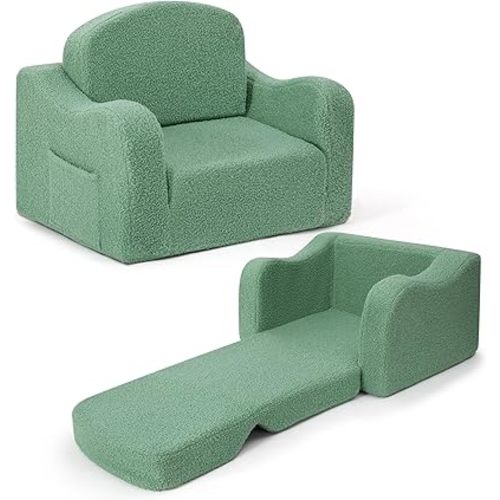 Comfy Toddler Chair & Kids, 2-in-1 Soft Couch Fold Out for Kids, Toddler Chairs Comfy 1-3 Years Old, Convertible Plush Sofa to Lounger for Girls and Boys, Green