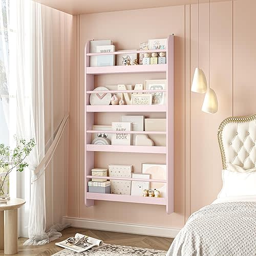 FOTOSOK Kids Bookshelf, 4-Tier Wall Mount Book Shelf for Kids Rooms