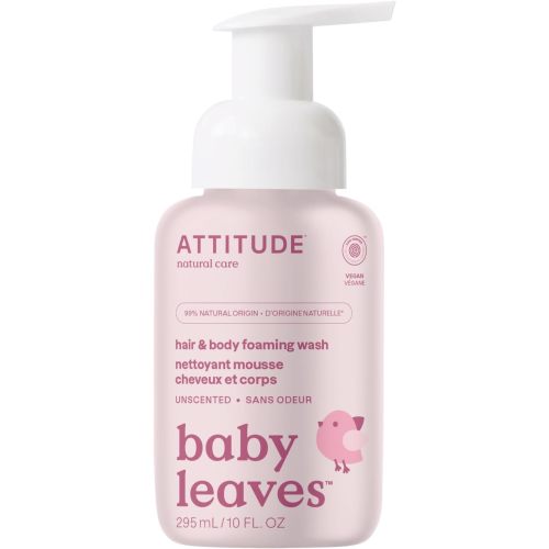 ATTITUDE 2-in-1 Hair and Body Foaming Baby Wash, Made in Canada, EWG Verified Shampoo Soap, Dermatologically Tested, Made with Naturally Derived Ingredients, Vegan, Unscented, 295 mL