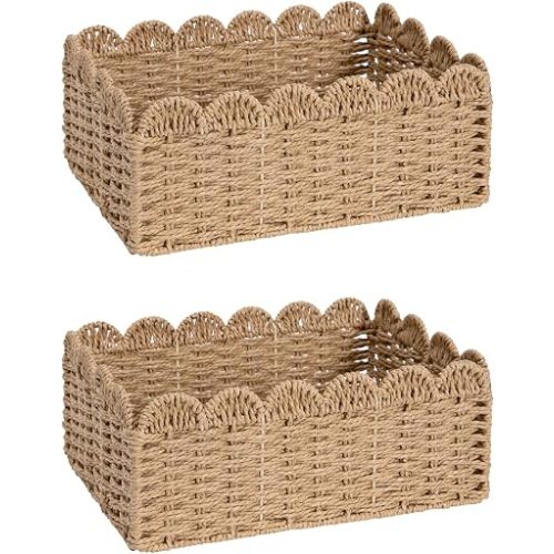 2 Pack Scalloped Basket, Handwoven Wicker Storage Baskets for Shelves Books Toys Towels and Gifts, 14" L x 10.5" W x 6" H Natural Paper Rope Rattan Baskets for Organizing Boho Farmhouse Home Decor