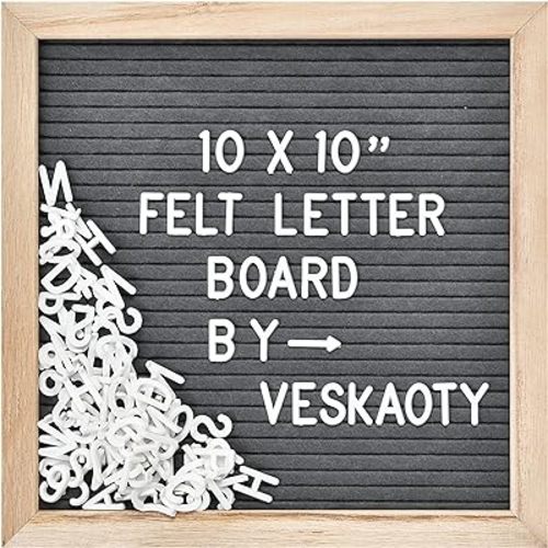 Felt Letter Board with 294 Letters, Numbers & Symbols - 10 x 10 inch Changeable Message Board with Wooden Frame Wall Mount Hook, Gray & Wood
