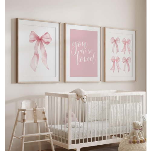 UNFFRAMED Pink Bow Nursery Poster You Are So Loved Girls Room Decor, Bow Nursery Wall Art Bow Posters, New Baby Bow Picture Set Of 3 24A Set 3 Prints 16x24