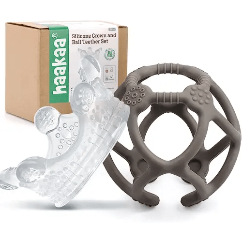 Haakaa Silicone Crown and Ball Teether Set 2pk,Super Soft Silicone Teething Toys | Cold Soothing Teether for Babies 0-6,6-12 Months,Toddlers,Easy-to-Hold,Soothe Sore Gums,BPA Free Newborn Gifts