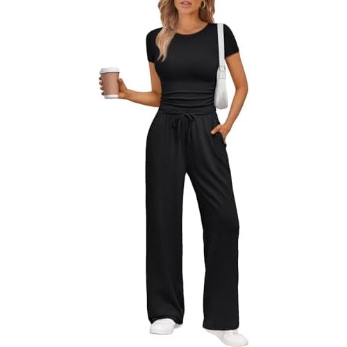 Trendy Queen 2 Piece Matching Summer Sweatsuit Lounge Set Womens Wide Leg Pants Side Ruching Crop Top Sets