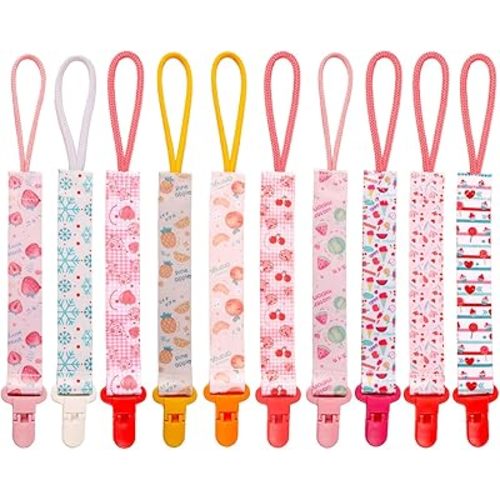 10 Pack Baby Pacifier Clips for Boys and Girls, Cute Patterned Pacifier Holder Straps with Strong Clip, BPA Free Silicone Teether Toy Leash for Newborns and Toddlers