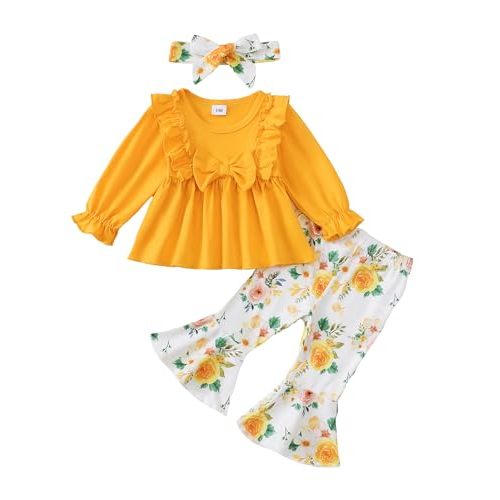 Infant Baby Girl Clothes Fall Winter Toddler Girls Outfits Flared Pants Set | Toddler Baby Girl Outfits, Fall Winter Clothes, Infant Clothing, Ruffle Top Flare Pant Set with Headband, Gifts, Baby Stuff