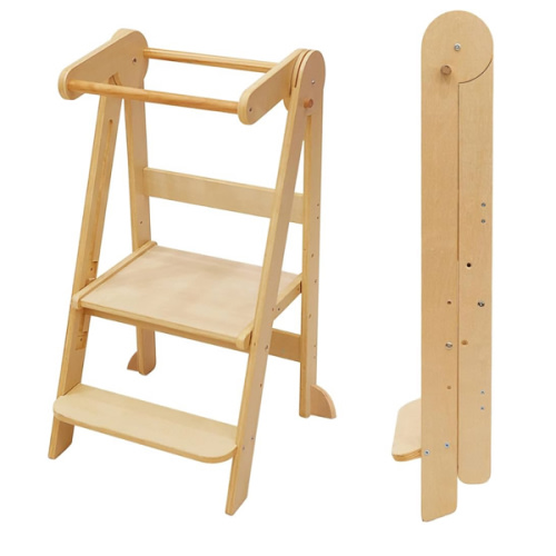 Foldable Toddler Tower Preassembled Kitchen Stool, Folding Tower for Learning with 3 Adjustable Heights Montessori Toddler Standing Tower Collapsible Step Stool for Kids 1.5-6y Natural